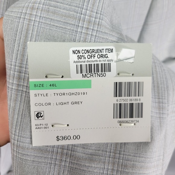 Alfani Men's Sport Coat Blazer Two Button Gray Plaid Poly Blend SLIM 46L NEW - Picture 11 of 16